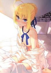  1girl ahoge artoria_pendragon_(all) artoria_pendragon_(fate) bed blanket blonde_hair blue_eyes blue_ribbon blush bottomless braid braided_bun breasts cleavage closed_mouth clothes_down collarbone commentary_request convenient_censoring day dress_shirt fate/grand_order fate_(series) hair_bun hair_ribbon indoors long_sleeves looking_at_viewer medium_breasts miruto_netsuki navel neck_ribbon no_bra on_bed pillow ribbon saber_(fate) shirt short_hair sidelocks single_hair_bun sitting solo sunlight white_shirt  rating:Questionable score:16 user:danbooru