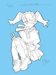  1girl alternate_costume dress hand_on_knee hand_on_own_knee legs looking_at_viewer monochrome one_eye_closed saru_getchu sayaka_(saru_getchu) skirt smile thighs twintails v wink 