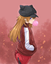  1girl ass blue_eyes bodysuit bodysuit_under_clothes breasts brown_background brown_hair chewing_gum curvy evangelion:_3.0_you_can_(not)_redo eyepatch gots522 hair_between_eyes hand_in_pocket hands_in_pockets jacket long_hair looking_at_viewer looking_back neon_genesis_evangelion pilot_suit plugsuit rebuild_of_evangelion red_bodysuit shiny_clothes solo souryuu_asuka_langley standing track_jacket tsundere wide_hips 