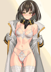 1girl alternate_costume areola_slip arknights bird_mask blush bra breasts brown_hair cameltoe closed_mouth coat commentary cowboy_shot crying crying_with_eyes_open earrings gloves gluteal_fold highres jewelry looking_away looking_to_the_side magallan_(arknights) mask mask_around_neck medium_breasts midriff multicolored_hair navel open_clothes open_coat panties ribs short_hair sigm@ silver_hair simple_background single_earring solo streaked_hair sweat sweatdrop tears thighhighs thighs two-tone_hair underwear white_bra white_coat white_gloves white_panties white_thighhighs yellow_eyes rating:Questionable score:78 user:danbooru