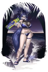  1girl alternate_breast_size alternate_hairstyle animal_ears arm_at_side armband beach bikini black_hair breasts dated dire_wolf_(kemono_friends) fang feet fingernails full_body hair_between_eyes hair_ornament hand_up highres holding holding_water_gun horizon huge_breasts impossible_clothes impossible_swimsuit jewelry kemono_friends kemono_friends_v_project legs legs_apart long_hair looking_at_viewer multicolored_hair nail_polish navel ocean open_mouth purple_bikini purple_hair purple_nails reaching reaching_towards_viewer sand sandals sky solo standing star_(sky) starry_sky stomach swimsuit tail thigh_strap toenail_polish toenails toes twilight virtual_youtuber water water_gun wet wet_clothes wet_face wet_hair white_hair wolf_ears wolf_girl wolf_tail yellow_eyes yoshida_hideyuki 