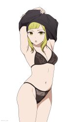  1girl :o absurdres armpits arms_up black_bra black_panties black_shirt blonde_hair blunt_bangs bra breasts clothes_lift commentary coro_fae cowboy_shot english_commentary highres kaguya-sama_wa_kokurasetai_~tensai-tachi_no_renai_zunousen~ lace lace-trimmed_panties lace_trim legs_together lifting_own_clothes looking_at_viewer medium_breasts navel onodera_rei open_mouth paid_reward_available panties shirt shirt_lift simple_background solo standing stomach string_panties twitter_username underwear undressing white_background yellow_eyes 