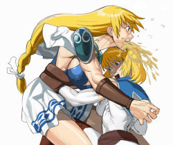  2girls armor armored_dress battle belly_punch blonde_hair blue_eyes braid breasts cassandra_alexandra cornelius_(daigos) daigos_the_awfulian female_focus large_breasts long_hair multiple_girls muscular muscular_female open_mouth pain punching ryona siblings sideboob single_braid sisters skirt sophitia_alexandra soul_calibur soulcalibur soulcalibur_ii stomach_punch tall vambraces veins violence vomit white_background  rating:Questionable score:69 user:danbooru