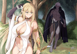  1boy 1girl abs absurdres arm_up arrow_(projectile) bare_shoulders barefoot black_cape black_sclera blonde_hair bow_(weapon) breasts bush cape cleavage colored_sclera colored_skin dagger dark_elf dress elbow_gloves elf fantasy forest gem gloves grey_skin hair_ornament highres holding holding_arrow holding_bow_(weapon) holding_dagger holding_knife holding_weapon knife large_breasts long_hair maskwolf muscular muscular_male nature navel no_pupils original pectorals pelvic_curtain pointy_ears quiver red_eyes red_gemstone reverse_grip short_hair single_glove thighs toned toned_male tree very_long_hair walking weapon white_dress white_hair  rating:Sensitive score:131 user:danbooru