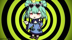  1girl akatsuki_records animal_print arm_behind_back bird black_background blue_dress blue_sleeves bow butterfly_print chibi chick commentary concentric_circles detached_collar detached_sleeves double_bun dress dress_bow english_commentary eyewear_on_head flat_chest frilled_dress frills full_body green_bow green_hair hair_bun hair_ornament hair_ribbon heart heart-shaped_eyewear highres hololive juliet_sleeves long_sleeves markislazy medium_bangs medium_hair necromantic open_mouth orange_eyes pink-framed_eyewear piyoko_(uruha_rushia) puffy_sleeves red_eyes ribbon skull_hair_ornament smile smug solo strapless strapless_dress sunglasses two-tone_background uruha_rushia uruha_rushia_(1st_costume) virtual_youtuber wide_sleeves 