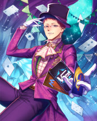 1boy bad_id bad_pixiv_id black_hat card copyright_request glasses gloves hand_up hat heart heart-shaped_pupils ito_mijinko looking_at_viewer male_focus pants pink_hair purple_pants smile solo standing string_of_flags symbol-shaped_pupils top_hat white_gloves