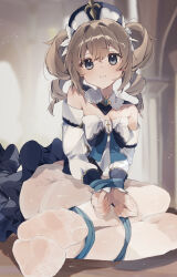  1girl absurdres barbara_(genshin_impact) bare_shoulders bdsm blonde_hair blue_eyes blurry blurry_background bondage bound bound_legs bound_wrists commentary_request detached_collar dress feet foot_focus genshin_impact hair_between_eyes higa_(gominami) highres long_hair long_sleeves looking_at_viewer off-shoulder_dress off_shoulder pantyhose puffy_long_sleeves puffy_sleeves sitting soles solo tied_up_(nonsexual) toes twintails wavy_hair white_dress white_pantyhose worried yokozuwari  rating:Sensitive score:49 user:danbooru