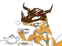  1boy commentary cookie cup digimon digimon_(creature) dinosaur plate doodle earl_grey_tea food greymon holding holding_cup horns peptide pun sharp_teeth table teacup teapot teeth white_background  rating:General score:6 user:danbooru