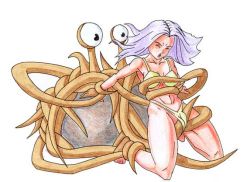 1girl bare_legs bikini closed_eyes flying_spaghetti_monster kneeling light_purple_hair monster navel open_mouth rape restrained simple_background swimsuit tentacles tentacles_under_clothes traditional_media white_background yellow_bikini rating:Explicit score:19 user:Anonymous