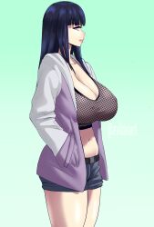  1girl absurdres black_hair blunt_bangs breasts cleavage closed_mouth collarbone cowboy_shot evil-dei gradient_background green_background hands_in_pockets highres huge_breasts hyuuga_hinata jacket long_hair long_sleeves looking_at_viewer midriff naruto_(series) naruto_shippuuden navel open_clothes open_jacket purple_eyes purple_jacket shorts simple_background solo standing  rating:Questionable score:64 user:DarkToonLink