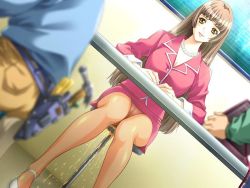  1girl 2boys breasts brown_hair business_suit casual_peeing chair cleavage desk dutch_angle formal hazuki_kaoru indoors jewelry knees_together_feet_apart long_hair miniskirt multiple_boys necklace panties pantyhose pantyshot pearl_necklace peeing peeing_self public_indecency purposeful_wetting red_eyes reijou_caster_2 sitting skirt suit underwear upskirt  rating:Questionable score:72 user:Hentailova3