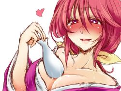  1girl alcohol bare_shoulders blush breasts cleavage drunk eitaisa heart japanese_clothes kotohime_(touhou) large_breasts red_eyes red_hair sake solo touhou touhou_(pc-98)  rating:Questionable score:22 user:danbooru