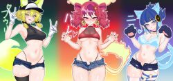 3girls absurdres alternate_costume animal_ears animal_hands bare_shoulders bell blonde_hair blue_eyes blue_hair blush bra breasts casual cat_ears cat_tail covered_erect_nipples crop_top denim denim_shorts duel_monster ear_bell ears_through_headwear fiery_tail fox_shadow_puppet gloves green_eyes green_hair ha-re_the_sword_mikanko hands_up highres hu-li_the_jewel_mikanko midriff multicolored_hair multiple_girls navel neck_bell ni-ni_the_mirror_mikanko oldsickkim open_mouth paw_gloves paw_pose purple_hair red_hair short_hair short_hair_with_long_locks short_shorts shorts sideboob single_thighhigh stomach streaked_hair tail thigh_strap thighhighs twintails underboob underwear yu-gi-oh!