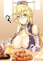+_+ 10s 1girl ? alcohol bare_shoulders beer beer_mug blonde_hair blue_eyes blush breast_rest breasts cleavage closed_mouth commentary_request confused cup elbow_gloves food froth gloves hair_between_eyes headgear iowa_(kancolle) kantai_collection kuurunaitsu large_breasts long_hair looking_at_viewer meat mug nipple_slip nipples nose_blush sidelocks solo sweat tofu upper_body white_gloves rating:Questionable score:28 user:danbooru