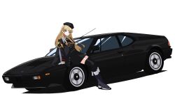  absurdres beret black_beret black_car black_coat blonde_hair bmw bmw_m1 boots car coat commission commissioner_upload girls&#039;_frontline gloves green_eyes hat highres leaning_on_object long_hair looking_at_viewer military_uniform motor_vehicle necktie skeb_commission smile stg44_(girls&#039;_frontline) stg44_(mod3)_(girls&#039;_frontline) thighhighs uniform vehicle_focus very_long_hair white_gloves zono_(inokura_syuzo029) 