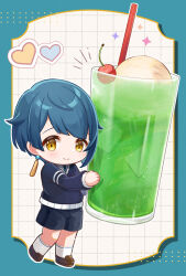 1boy black_shirt black_shorts blue_hair cherry closed_mouth cup drinking_straw earrings food fruit fukaya_miku genshin_impact glass highres holding holding_cup ice_cream jewelry juice long_sleeves looking_at_viewer male_focus multiple_boys shirt short_hair shorts simple_background single_earring smile solo xingqiu_(genshin_impact) yellow_eyes 