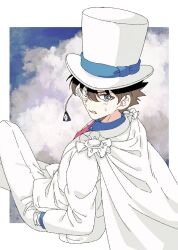 1boy blue_eyes blue_shirt border brown_hair cape cloud collared_shirt crossed_legs formal from_behind hands_in_pockets hat highres jacket kaitou_kid looking_at_viewer looking_back magic_kaito male_focus meitantei_conan monocle necktie pants red_necktie shirt short_hair solo suit suzuakks white_border white_cape white_hat white_jacket white_pants white_suit 