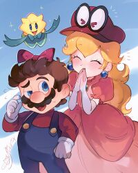  &gt;_&lt; 1boy 1girl absurdres blonde_hair blue_background blue_eyes blue_overalls blush bow brown_hair cappy_(mario) closed_eyes commentary_request dress earrings eyelashes facial_hair flower gloves hair_bow hanaon headwear_switch highres jewelry long_hair mario mario_(series) mustache nintendo open_mouth overalls pearl_earrings pink_dress princess_peach princess_peach:_showtime! puffy_short_sleeves puffy_sleeves red_bow red_headwear red_shirt shirt short_sleeves stella_(peach) super_mario_odyssey sweat white_gloves 