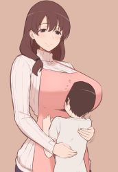  1boy 1girl age_difference atatakai_cha beige_background breast_press breasts brown_background brown_hair child commentary_request hug huge_breasts long_hair mature_female mucchimut onee-shota original ribbed_sweater simple_background sweater tareme turtleneck turtleneck_sweater  rating:Sensitive score:193 user:danbooru
