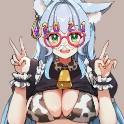 1girl 2021 :d animal_ear_fluff animal_ears animal_print bell bikini blue_hair breasts chinese_zodiac cleavage close-up cow_print cow_print_bikini cowbell earrings fake_facial_hair fake_mustache fang fox_ears foxyreine glasses green_eyes grey_background hands_up highres index_finger_raised jewelry large_breasts long_hair looking_at_viewer new_year open_mouth original print_bikini red-framed_eyewear short_sleeves shrug_(clothing) simple_background sister_reine_(foxyreine) smile solo swimsuit upper_body v white_bikini wing_collar wrist_cuffs year_of_the_ox rating:Questionable score:11 user:danbooru