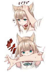&gt;:( 1boy 1girl 40hara :t ahoge angry animal_collar animal_ear_fluff animal_ears annoyed aqua_eyes biting blonde_hair cat_ears closed_mouth clothes_writing collar collarbone commentary_request fang frown headpat highres kinako_(40hara) long_hair looking_at_viewer off_shoulder original pout shirt short_sleeves simple_background skin_fang tsurime upper_body v-shaped_eyebrows white_background white_shirt rating:General score:26 user:danbooru