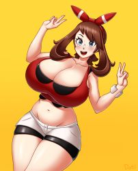 1girl bandana blue_eyes blush breasts brown_hair cleavage creatures_(company) dotil game_freak highres huge_breasts long_hair may_(pokemon) may_(pokemon_oras) navel nintendo pokemon pokemon_oras v rating:Questionable score:69 user:100241