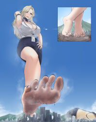  1girl blonde_hair breasts city cleavage destruction feet giant giantess highres large_breasts mesukemo_sub mountain nail_polish office_lady open_mouth shoes unworn_shoes smell sweat toes  rating:Sensitive score:25 user:CosmicGiantess