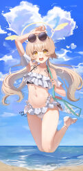  1girl absurdres bare_arms bare_legs bare_shoulders beach bikini blue_archive blush breasts cleavage collarbone day eyewear_on_head frilled_bikini frills halo hifumi_(blue_archive) hifumi_(swimsuit)_(blue_archive) highres light_brown_hair long_hair looking_at_viewer low_twintails navel ocean official_alternate_costume open_mouth outdoors rega round_eyewear round_teeth sandals small_breasts solo sunglasses swimsuit teeth twintails upper_teeth_only white_bikini yellow_eyes yellow_halo 