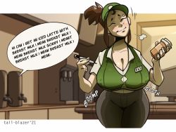  1girl barista breasts english_text highres huge_breasts iced_latte_with_breast_milk_(meme) large_breasts meme solo starbucks tagme tail-blazer  rating:Sensitive score:102 user:Ahegao_lmao