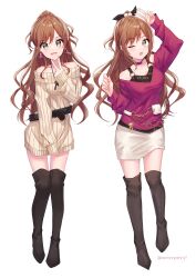  1girl absurdres bang_dream! belt boots bow brown_hair chain_belt choker earrings full_body green_eyes hair_bow half_updo hand_up highres imai_lisa jewelry long_hair long_sleeves looking_at_viewer meronnpannpi multiple_views necklace off-shoulder_shirt off-shoulder_sweater off_shoulder one_eye_closed open_mouth shirt skirt smile sweater thigh_boots v_over_mouth very_long_hair 