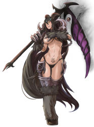  1girl absurdres aged_up alternate_breast_size alternate_color alternate_hair_color animal_ears animal_hands armor aura baphomet baphomet_(monster_girl_encyclopedia) bikini_armor black_hair black_panties blush breasts brown_hair chain choker claws covering_breasts covering_privates full_body fur glowing glowing_eyes goat_horns highres hooves horns large_breasts long_hair looking_at_viewer monster_girl monster_girl_encyclopedia naughty_face navel no_bra original otakuevangelist over_shoulder panties parted_lips pubic_tattoo scythe sideboob simple_background skull smile solo standing sud_(sudea) tail tattoo underboob underwear very_long_hair weapon weapon_over_shoulder white_background wide_hips yellow_eyes zeuriel_nihil&#039;amal  rating:Questionable score:90 user:EVANkurasu