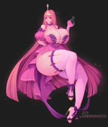  1girl absurdres adventure_time breasts choker cleavage colored_skin curvy female_focus full_body highres huge_breasts long_hair looking_at_viewer parted_lips pink_eyes pink_hair pink_skin potion princess_bonnibel_bubblegum solo thick_lips thick_thighs thighhighs thighs tiara tundromaiden very_long_hair wide_hips  rating:Sensitive score:19 user:catonfire26
