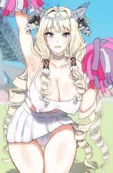  1girl alternate_costume blonde_hair blue_eyes blush breasts cheerleader cleavage crop_top crown_(nikke) diadem drill_hair gluteal_fold goddess_of_victory:_nikke hair_ornament headgear large_breasts long_hair looking_at_viewer nipples_through_clothes open_mouth panties pom_pom_(cheerleading) shironoharuka shirt skirt solo underwear white_panties white_shirt white_skirt 