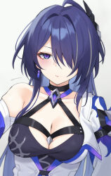  1girl acheron_(honkai:_star_rail) ahoge armor ashisi bandaged_arm bandages black_choker blush breasts choker cleavage closed_mouth coat commentary_request criss-cross_halter diamond-shaped_pupils diamond_(shape) earrings hair_intakes hair_ornament hair_over_one_eye halterneck highres honkai:_star_rail honkai_(series) jewelry large_breasts looking_at_viewer multicolored_hair purple_eyes purple_hair shoulder_armor sidelocks simple_background single_bare_shoulder solo streaked_hair symbol-shaped_pupils upper_body white_background white_coat 