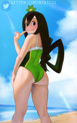  1girl animal animal_on_head artist_name ass asui_tsuyu atric18 bad_id bad_pixiv_id beach black_eyes blue_sky boku_no_hero_academia closed_mouth cloud commentary day frog frog_girl from_behind green_hair green_one-piece_swimsuit hair_between_eyes hair_rings hand_on_own_thigh hand_up highres index_finger_raised kneepits long_hair looking_at_viewer looking_back low-tied_long_hair mixed-language_commentary on_head one-piece_swimsuit outdoors sand sky solo standing swimsuit thighs tongue tongue_out twitter_logo twitter_username very_long_hair water watermark web_address wet  rating:Sensitive score:141 user:danbooru