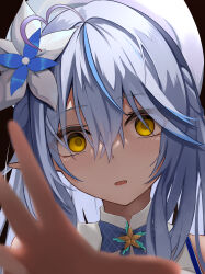 1girl absurdres ahoge beret blue_eyes blue_flower blue_hair commentary_request elf empty_eyes flower hair_between_eyes hair_flower hair_ornament hat heart heart_ahoge highres hololive looking_at_viewer micon open_mouth outstretched_hand pointy_ears solo upper_body virtual_youtuber white_flower white_hat yandere yellow_eyes yukihana_lamy yukihana_lamy_(1st_costume)