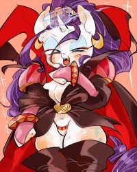  1girl alternate_costume bracelet breasts bridal_gauntlets denchuu_(aniki29) earrings fangs furry jewelry juliet_sleeves large_breasts long_hair long_sleeves my_little_pony my_little_pony:_friendship_is_magic orange_background puffy_sleeves purple_hair rarity_(my_little_pony) solo thighhighs thong unicorn 