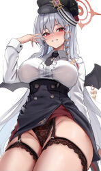  1girl black_garter_straps black_hat black_necktie black_panties blue_archive braid breasts collared_shirt commentary garter_straps grey_hair halo haruna_(blue_archive) hat highres large_breasts long_hair long_sleeves looking_at_viewer necktie panties red_halo shirt simple_background single_braid smile solo stone_(ksorede) thighs underwear white_background white_shirt  rating:Sensitive score:25 user:danbooru