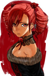 1girl amy_sorel ashiomi_masato bare_shoulders breasts choker cleavage drill_hair fur_trim gothic_lolita lace large_breasts lolita_fashion red_eyes red_hair red_theme short_twintails solo soul_calibur soulcalibur soulcalibur_iv twintails upper_body rating:Sensitive score:36 user:danbooru