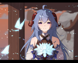  1girl ahoge bare_shoulders bell black_gloves blue_flower blue_hair blush bug butterfly detached_sleeves flower ganyu_(genshin_impact) genshin_impact gloves highres horns insect l.tea long_hair looking_at_viewer neck_bell purple_eyes sidelocks smile solo upper_body white_sleeves 