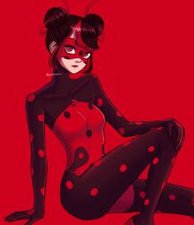  1girl black_hair bodysuit bug double_bun gongonsrr hair_bun highres insect ladybug looking_at_viewer marinette_dupain-cheng mask mask_on_head miraculous_ladybug polka_dot red_background red_bodysuit red_eyes red_mask shadybug simple_background sitting solo superhero_costume 