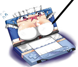  apron blue_hair blush bow bowtie bra breasts cleavage dragonbead embarrassed flying_sweatdrops handheld_game_console maid maid_apron maid_headdress nintendo_3ds no_humans objectification open_mouth original purple_eyes simple_background stylus transformation underwear what white_background 