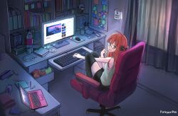  1girl absurdres ahoge behind-the-head_headphones black_shorts black_thighhighs book bottle chair computer desk figure full_body glasses grin headphones highres kareyare keyboard_(computer) knees_up laptop looking_at_viewer monitor office_chair orange_hair persona persona_5 sakura_futaba short_shorts shorts sitting smile solo sticky_note swivel_chair tank_top thighhighs 