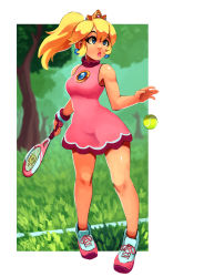 1girl absurdres ball bare_arms bare_legs bare_shoulders blonde_hair blue_eyes border brooch crown day dress earrings floating_hair full_body grass hand_up high_ponytail highres holding jewelry lips long_hair looking_up mario_(series) mario_tennis mario_tennis_aces nintendo outdoors parted_lips pink_dress ponytail princess_peach racket ravenousruss shoes short_dress sleeveless sleeveless_dress solo standing tennis_ball tennis_dress tennis_peach tennis_racket tree rating:Sensitive score:33 user:danbooru