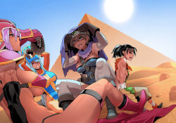  4girls armor bikini_armor black_hair blue_eyes blue_hair blue_sky boots breasts brown_hair cape commentary_request desert dragon_quest dragon_quest_iii earrings fighter_(dq3) hat heroine_(dq3) hot jewelry large_breasts multiple_girls neckerchief no_pants open_mouth orange_neckerchief pink_hair ponytail priest_(dq3) purple_cape pyramid_(structure) red_eyes sand shindol short_hair sideboob sitting sky small_breasts soldier_(dq3) strapless sun sweat tan toned tongue tube_top  rating:Sensitive score:32 user:danbooru