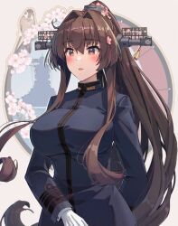  1girl alternate_costume animal animal_on_shoulder bird bird_on_shoulder breasts brown_hair cherry_blossoms flower hair_between_eyes hair_flower hair_intakes hair_ornament headgear highres himeyamato kantai_collection large_breasts long_hair long_sleeves looking_ahead military_uniform outside_border parted_lips red_eyes revision sidelocks solo uniform very_long_hair yamato_(kancolle) 