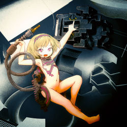  1girl blonde_hair bottomless cable cyborg fang feral_lemma hairband loli open_mouth short_hair sitting solo source_request  rating:Questionable score:75 user:danbooru