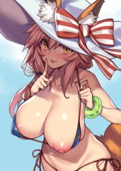 1girl animal_ear_fluff animal_ears bikini bikini_pull blue_bikini blush bow bracelet breasts clothes_pull collarbone ears_through_headwear fate/grand_order fate_(series) flashing fox_ears fox_tail fuya_(tempupupu) gradient_background hat hat_bow index_finger_raised jewelry large_breasts long_hair looking_at_viewer nipples one_breast_out open_mouth oppai_challenge pink_hair side-tie_bikini_bottom simple_background smile solo striped striped_bow sun_hat swimsuit tail tamamo_(fate) tamamo_no_mae_(fate/extra) tamamo_no_mae_(swimsuit_lancer)_(fate) tamamo_no_mae_(swimsuit_lancer)_(third_ascension)_(fate) yellow_eyes rating:Questionable score:117 user:danbooru