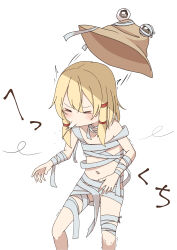  1girl =_= absurdres bandages blonde_hair blush brown_hat closed_eyes cold commentary_request double-parted_bangs feet_out_of_frame hair_between_eyes hair_ribbon halloween_costume hat highres medium_hair moriya_suwako motion_lines naked_bandage navel red_ribbon ribbon sidelocks simple_background sneezing solo sound_effects standing touhou trembling tress_ribbon tsubakipan unworn_hat unworn_headwear white_background 