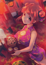 1girl :d absurdres bamboo_steamer blue_eyes blurry braid breasts chair china_dress chinese_clothes cleavage cleavage_cutout clothing_cutout covered_erect_nipples cowboy_shot crown_braid cup curtains depth_of_field dim_sum double_bun dress dutch_angle earrings food from_above green_tea hair_bun hair_ornament heterochromia highres holding holding_tray indoors jewelry karinto_yamada lantern large_breasts microdress moe2016 open_mouth original print_dress purple_dress red_eyes red_hair restaurant rug shade shiny_skin sidelocks sleeveless sleeveless_dress smile solo table tablecloth tea tray rating:Sensitive score:11 user:danbooru